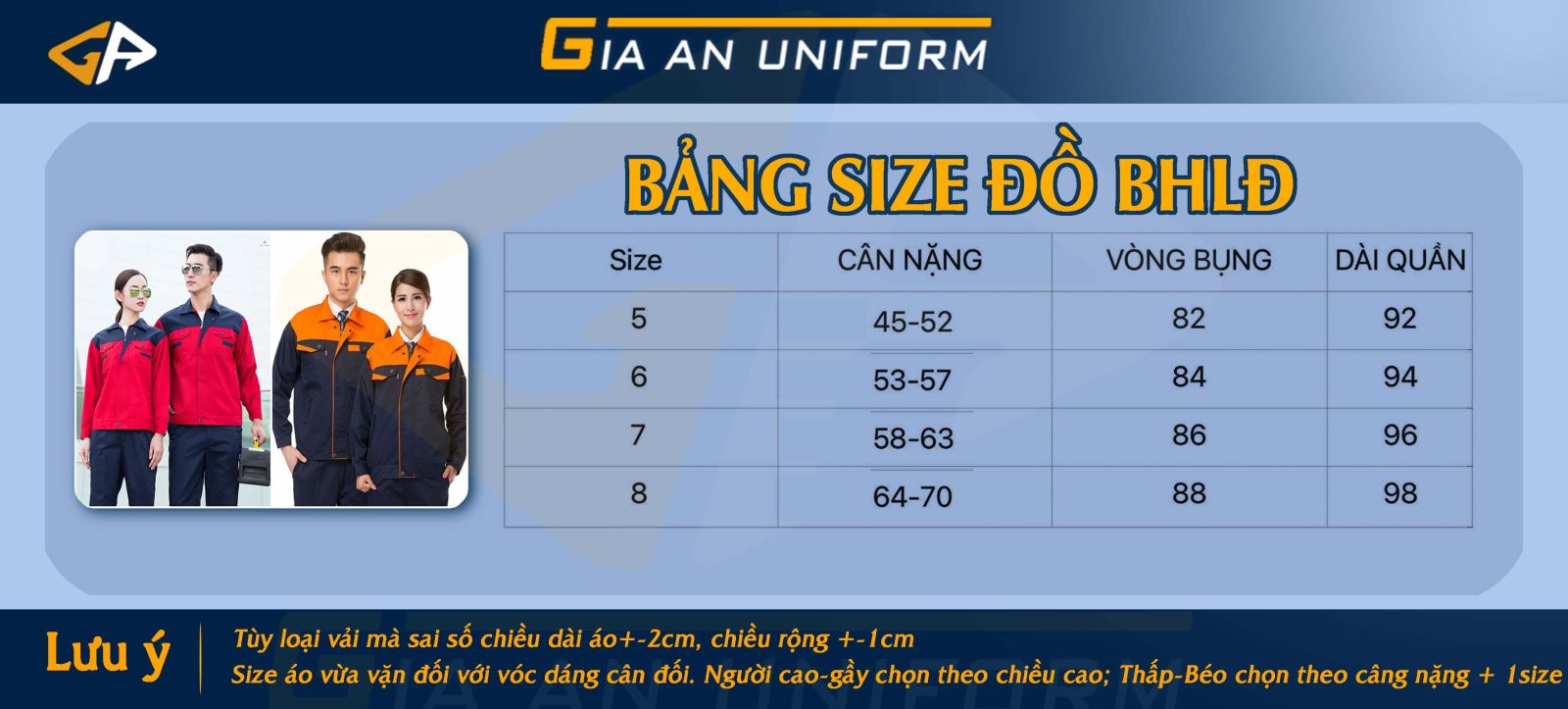 Bảng size áo khoác đồng phục công ty - Gia An Uniform