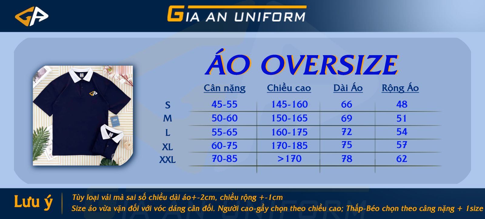 Bảng size áo Unisex - Gia An Uniform