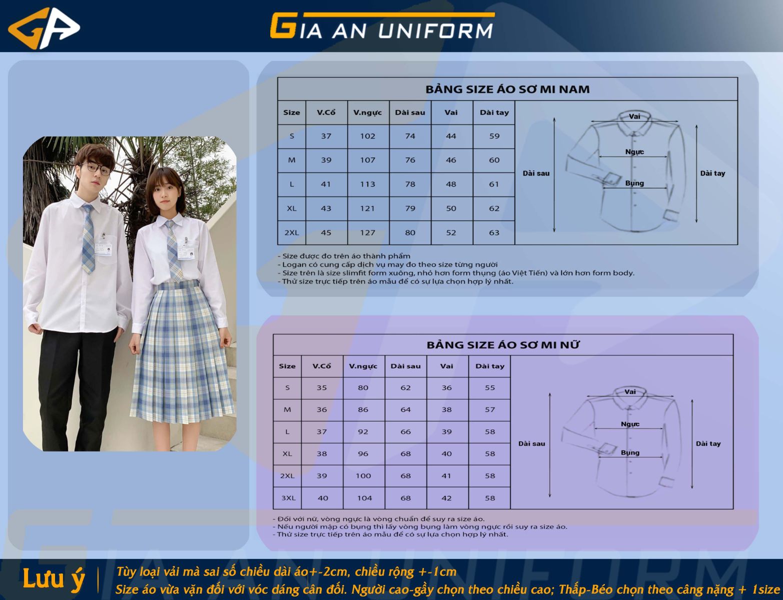 Bảng size áo sơ mi đồng phục Gia An